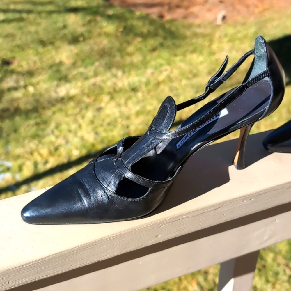 MANOLO BLAHNIK Vintage heels black leather pointed toe pumps 9.5 - Picture 3 of 10